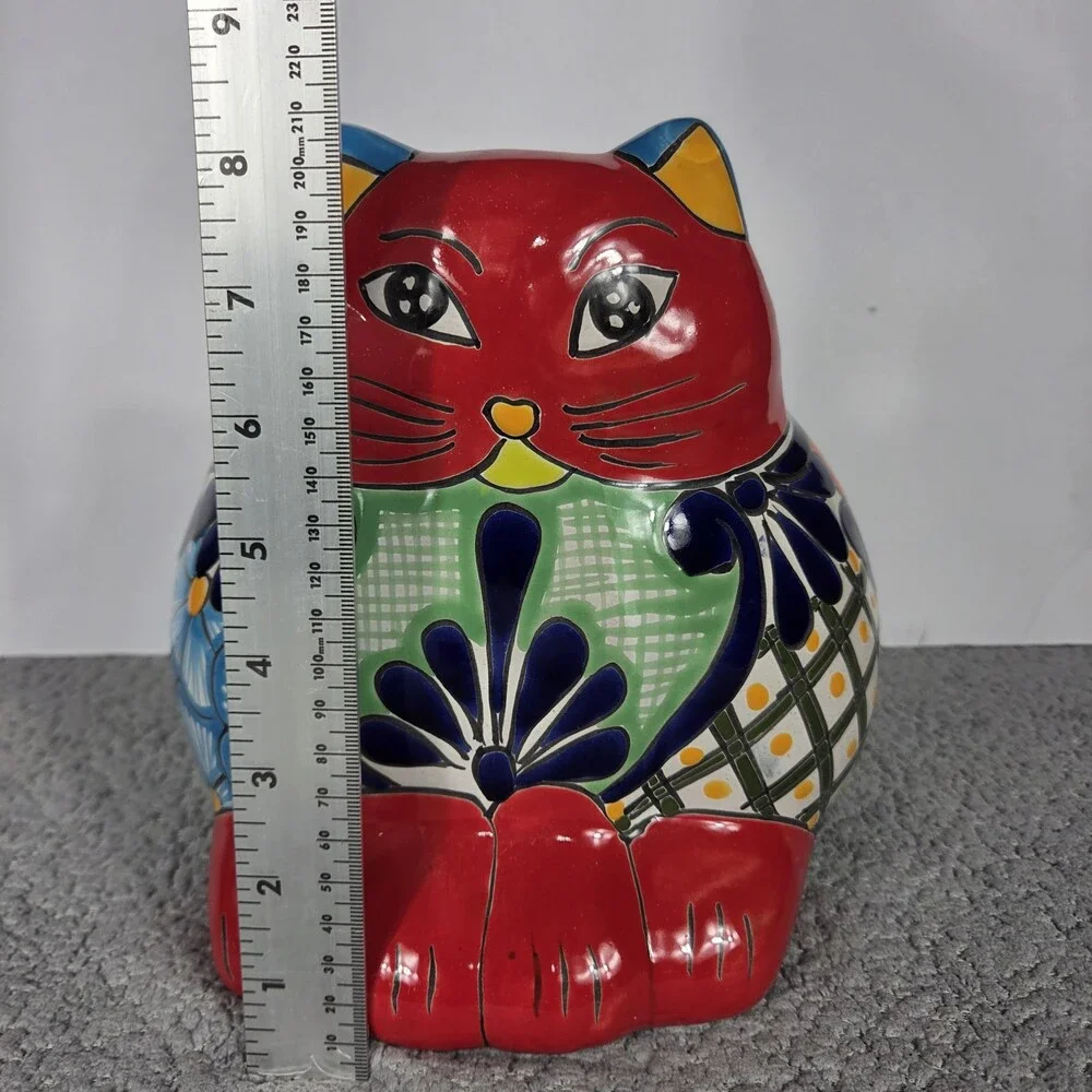 Talavera Cat PlanterMexican Pottery Art Hand Painted Pot 8.5